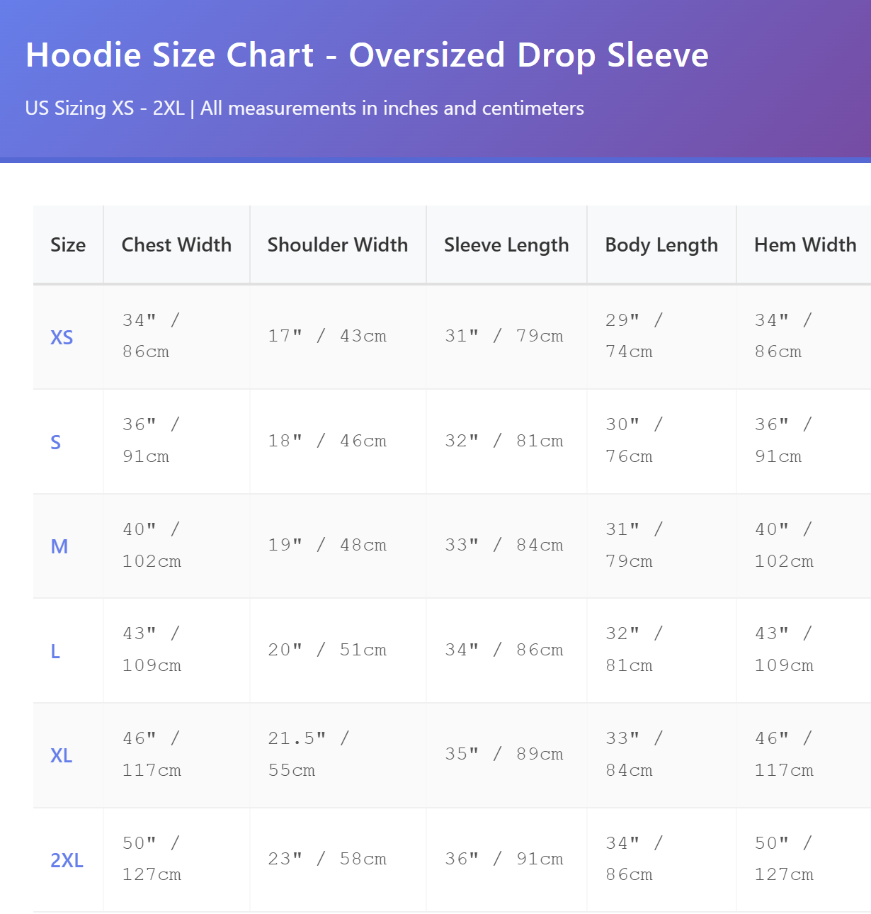 Oversized Hoodie size chart