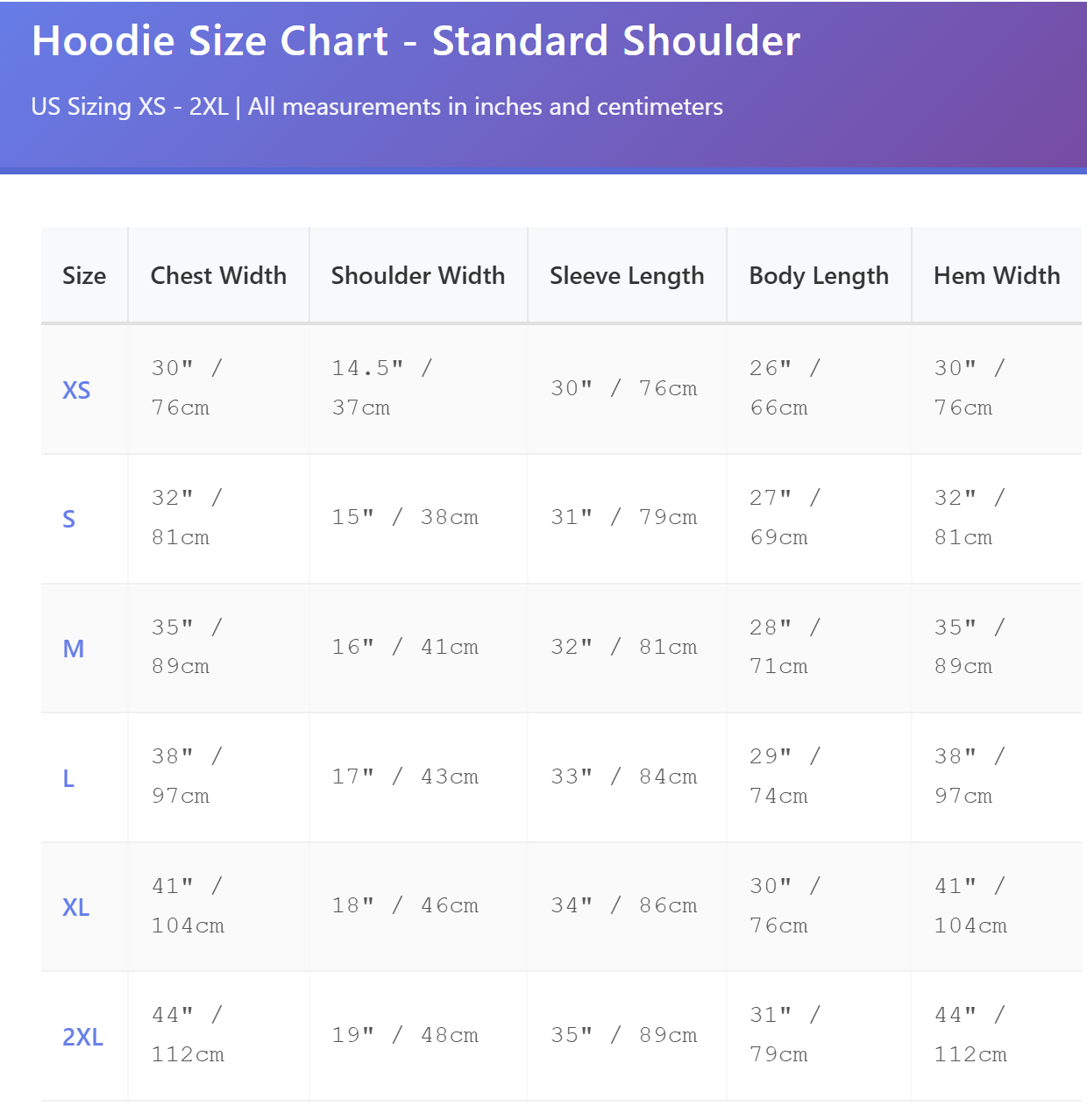 Unisex Hoodie size chart