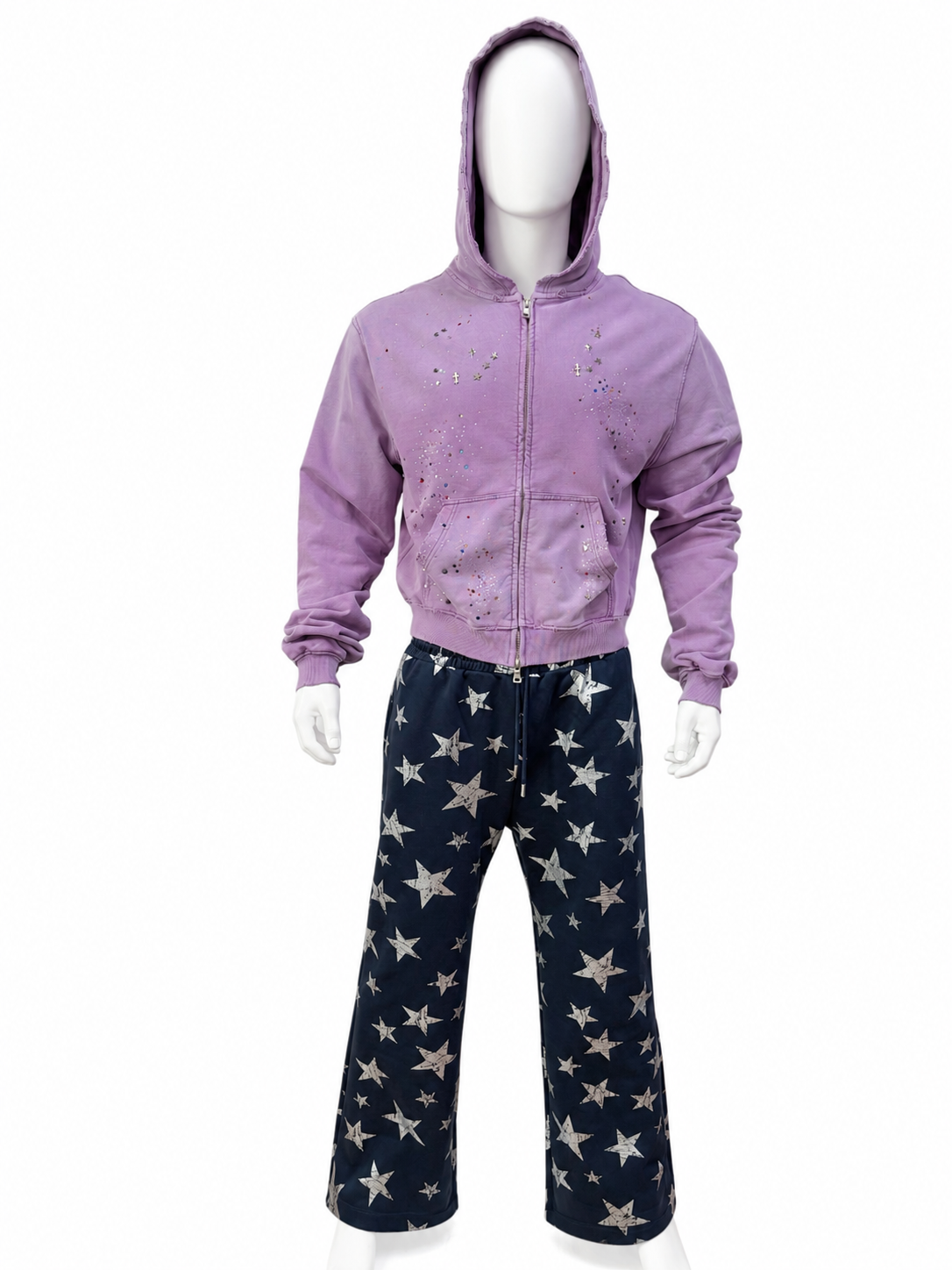 Vintage-Wash Rhinestone Zip-Up Hoodie