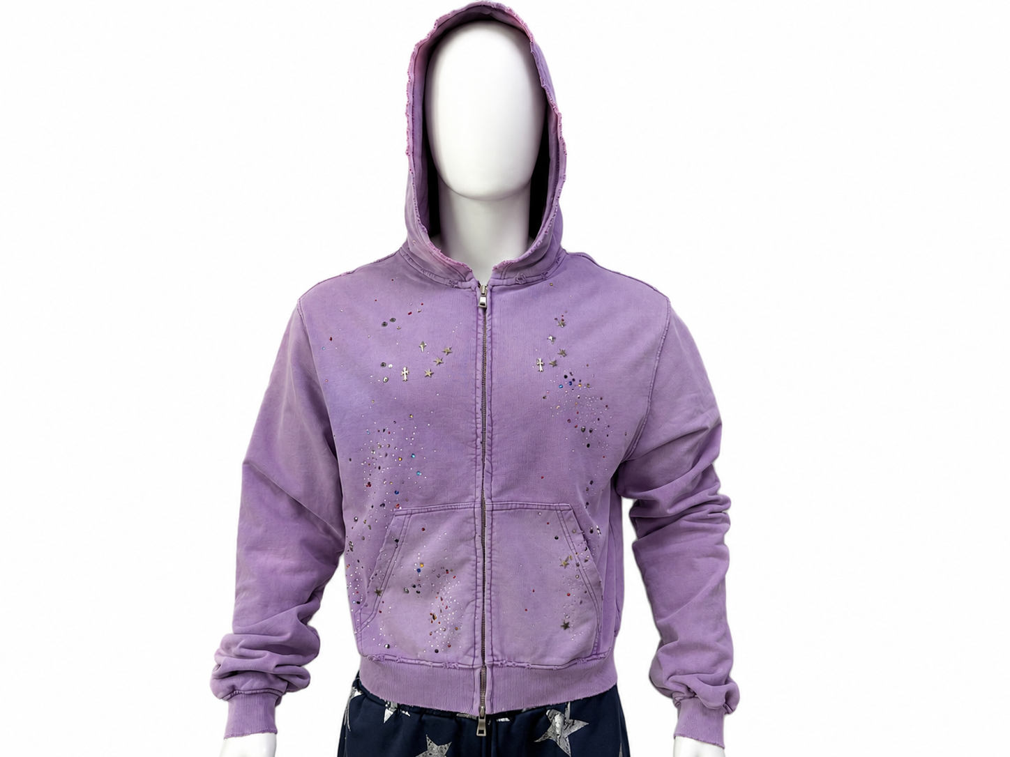 Vintage-Wash Rhinestone Zip-Up Hoodie