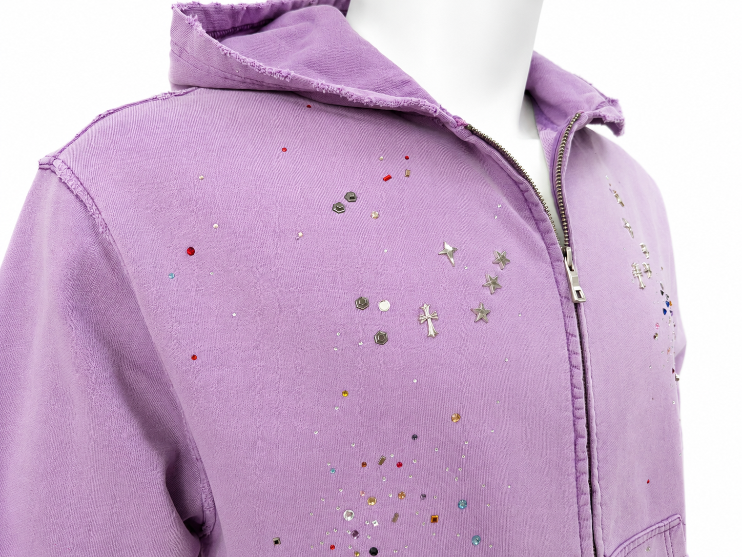 Vintage-Wash Rhinestone Zip-Up Hoodie
