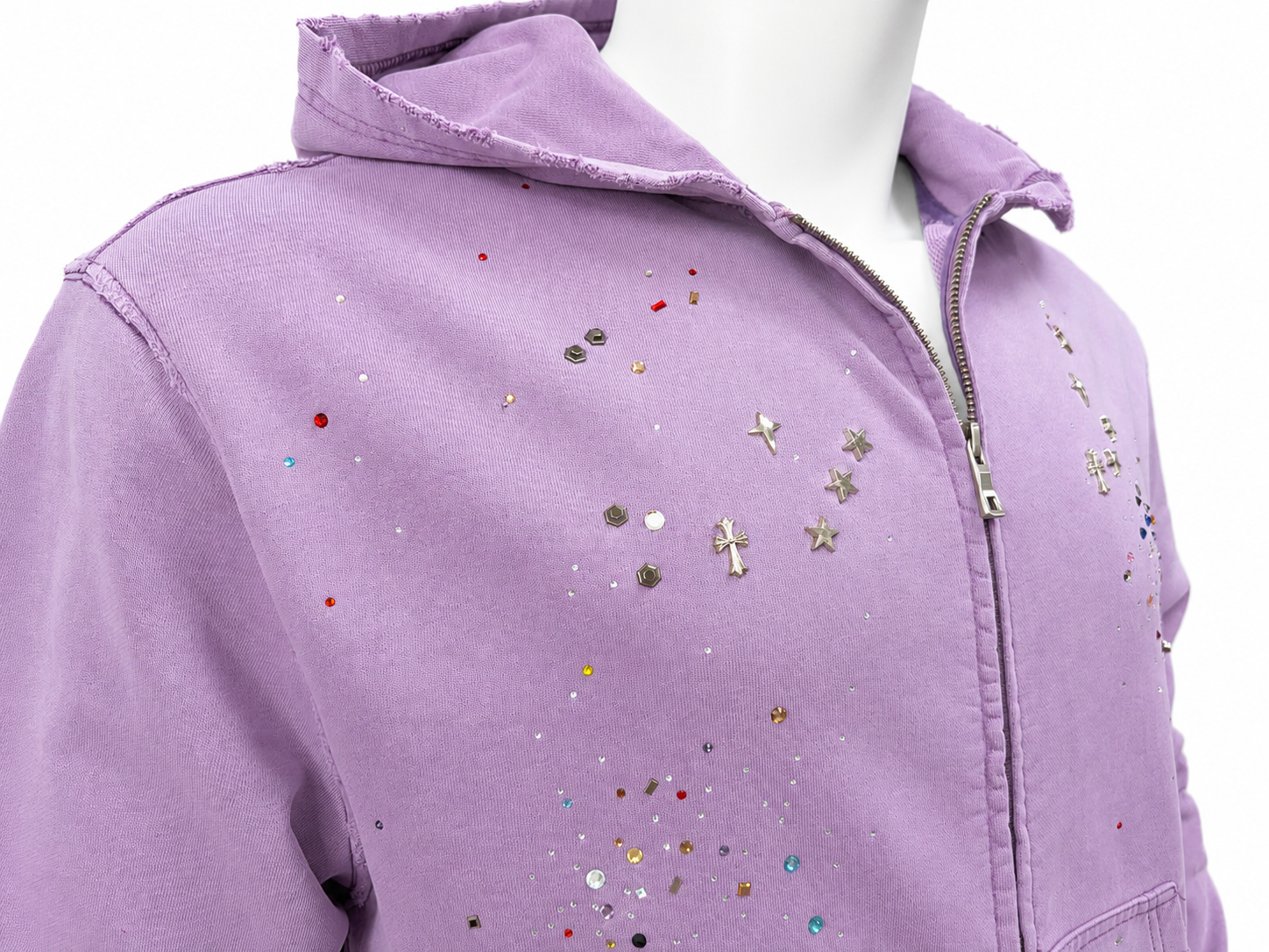 Vintage-Wash Rhinestone Zip-Up Hoodie