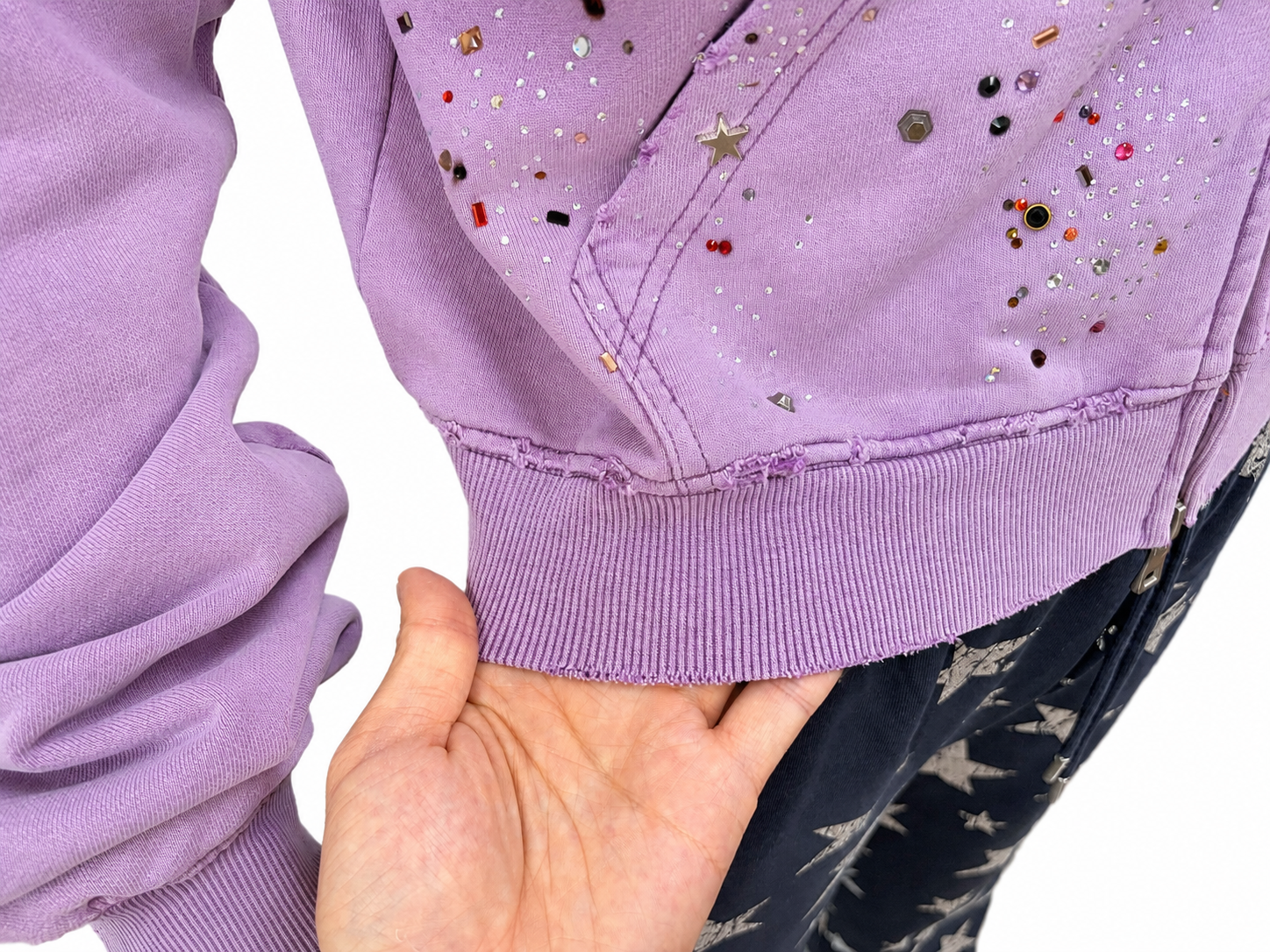 Vintage-Wash Rhinestone Zip-Up Hoodie