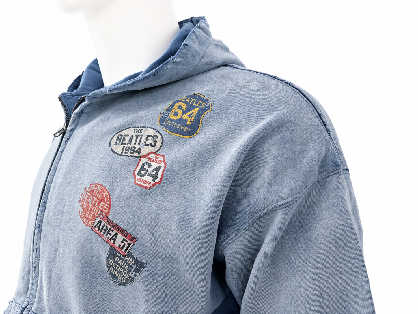 Vintage-Wash Patch Zip-Up Hoodie