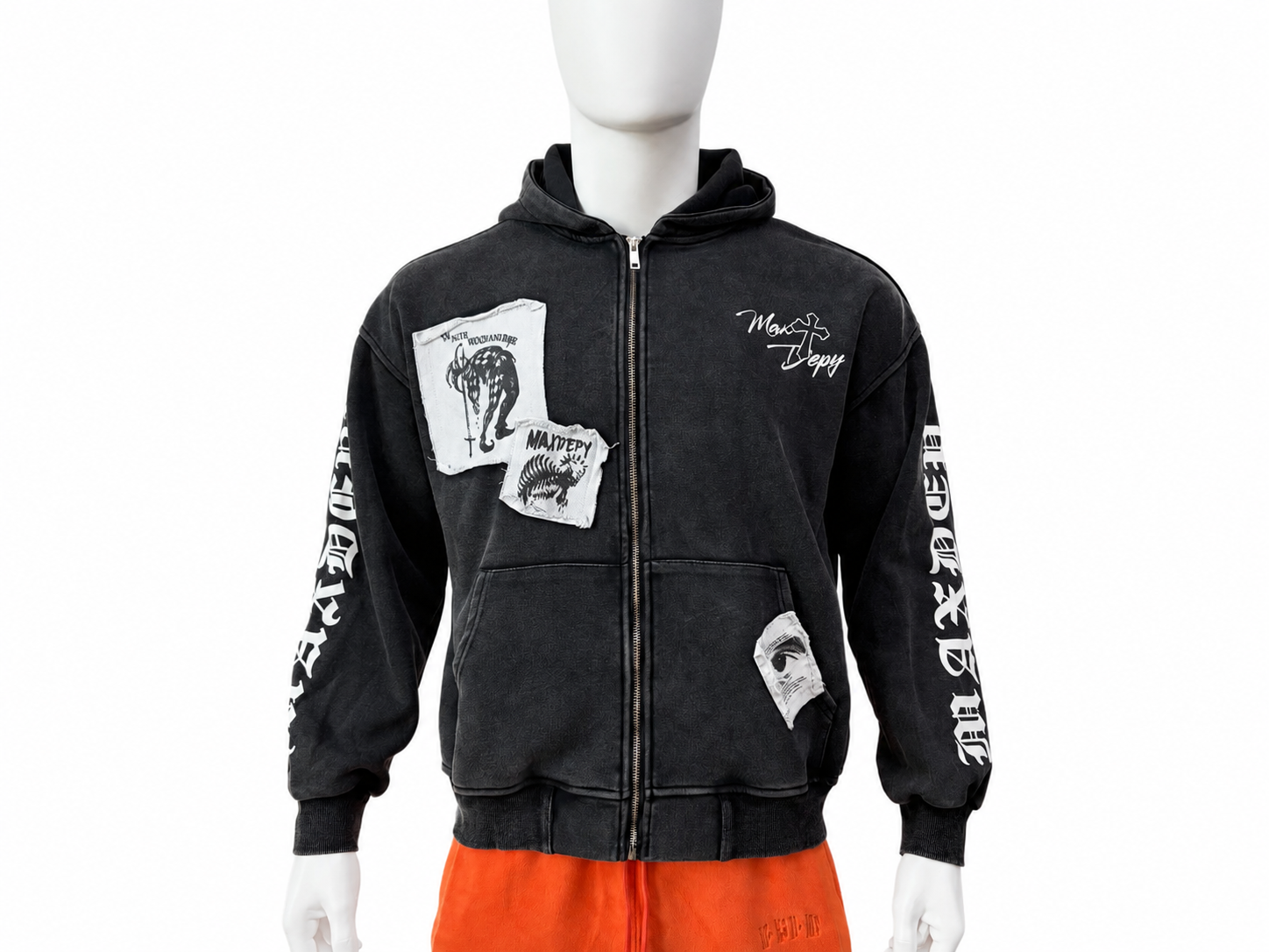 Appliqué Embroidery Vintage-Wash Zip Hoodie