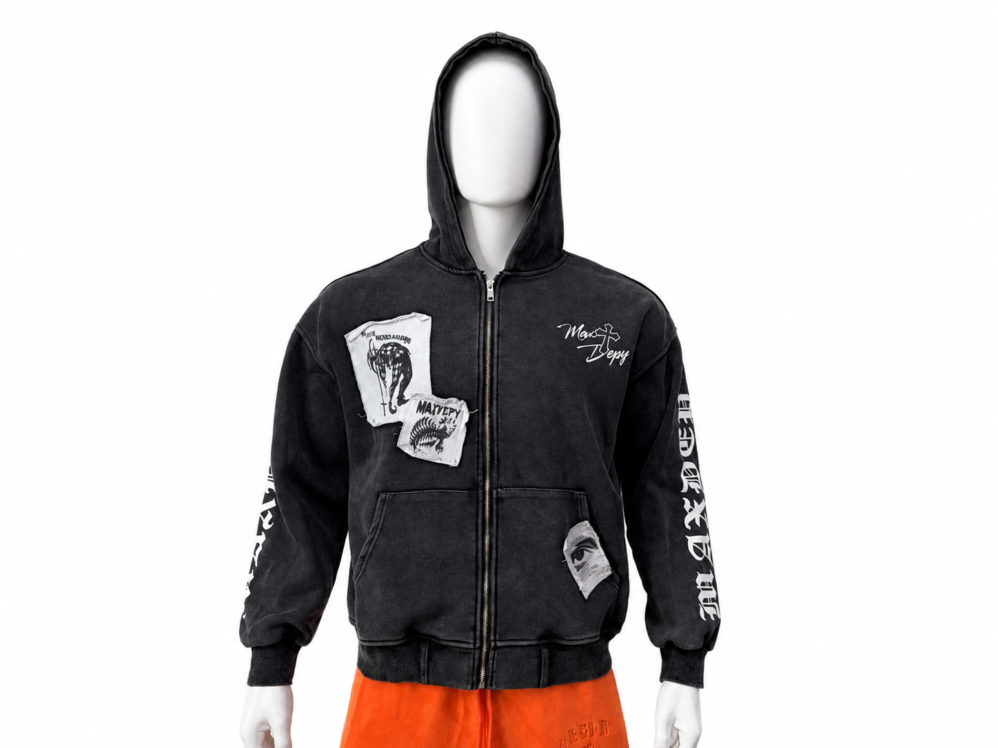 Appliqué Embroidery Vintage-Wash Zip Hoodie
