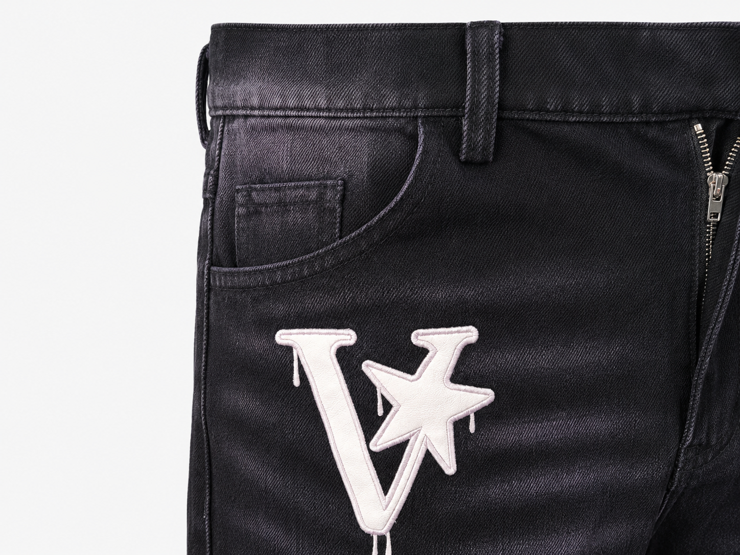 Washed Straight-Leg Appliqué Denim Jeans