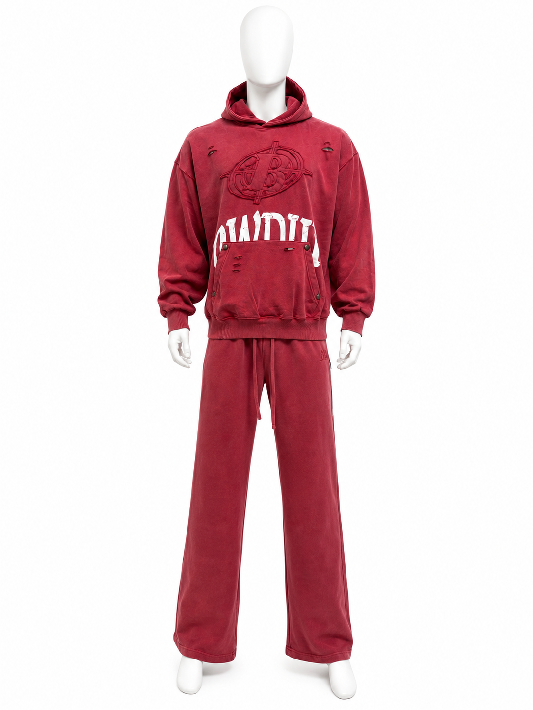 Washed Red Distressed Hoodie Sweatsuit