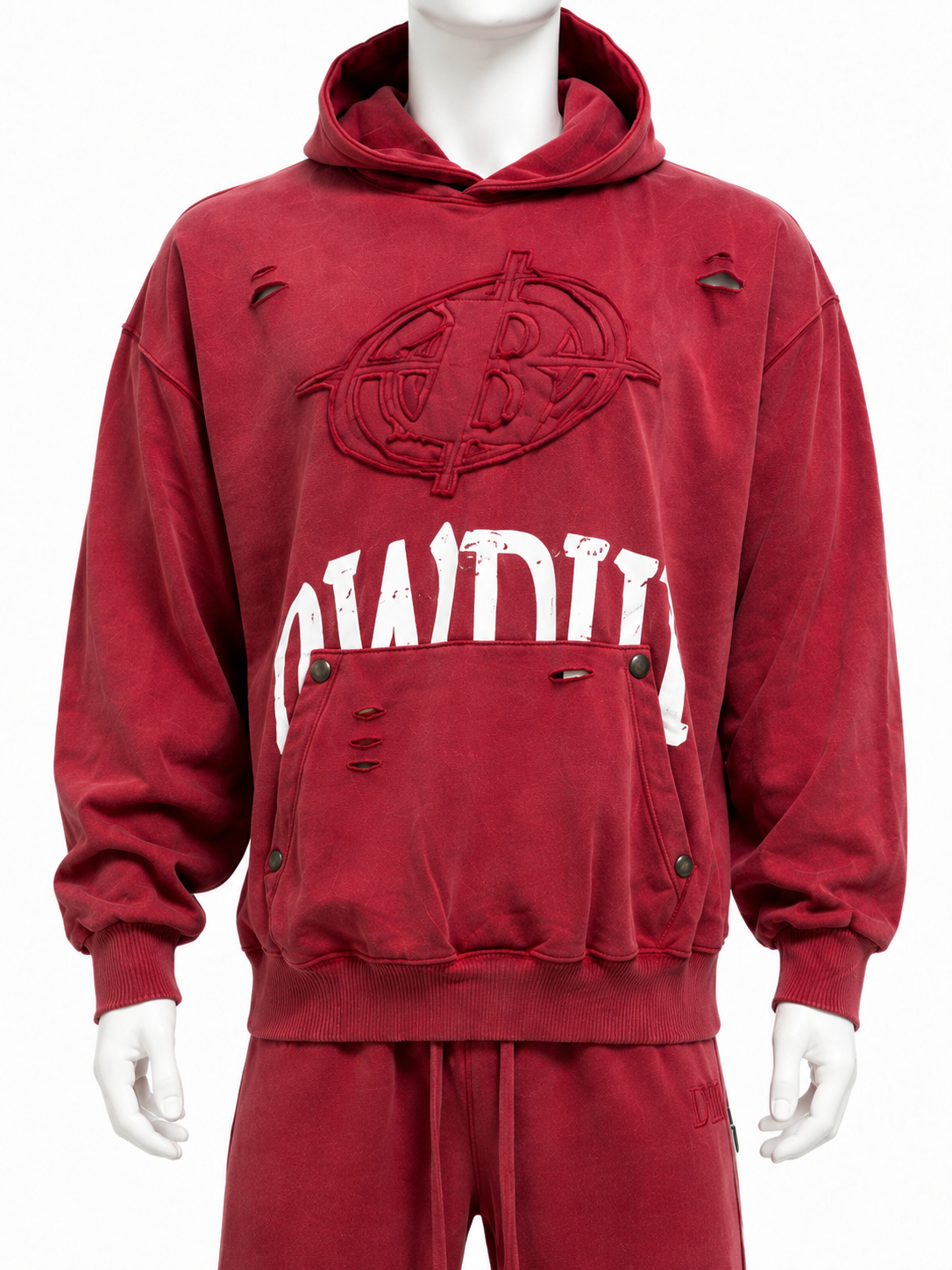 Washed Red Distressed Hoodie Sweatsuit