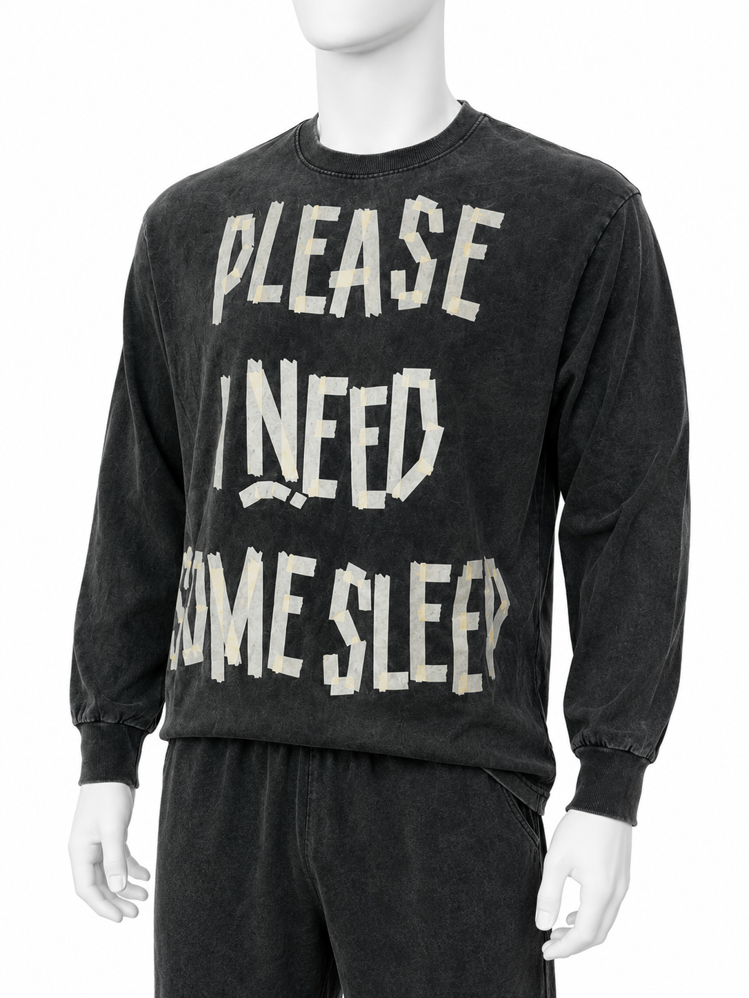 Washed Black Graphic Long-Sleeve Shorts Set