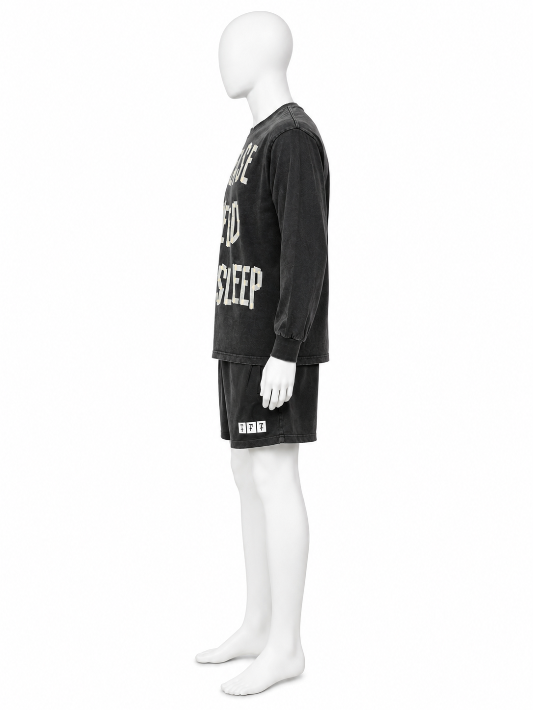 Washed Black Graphic Long-Sleeve Shorts Set