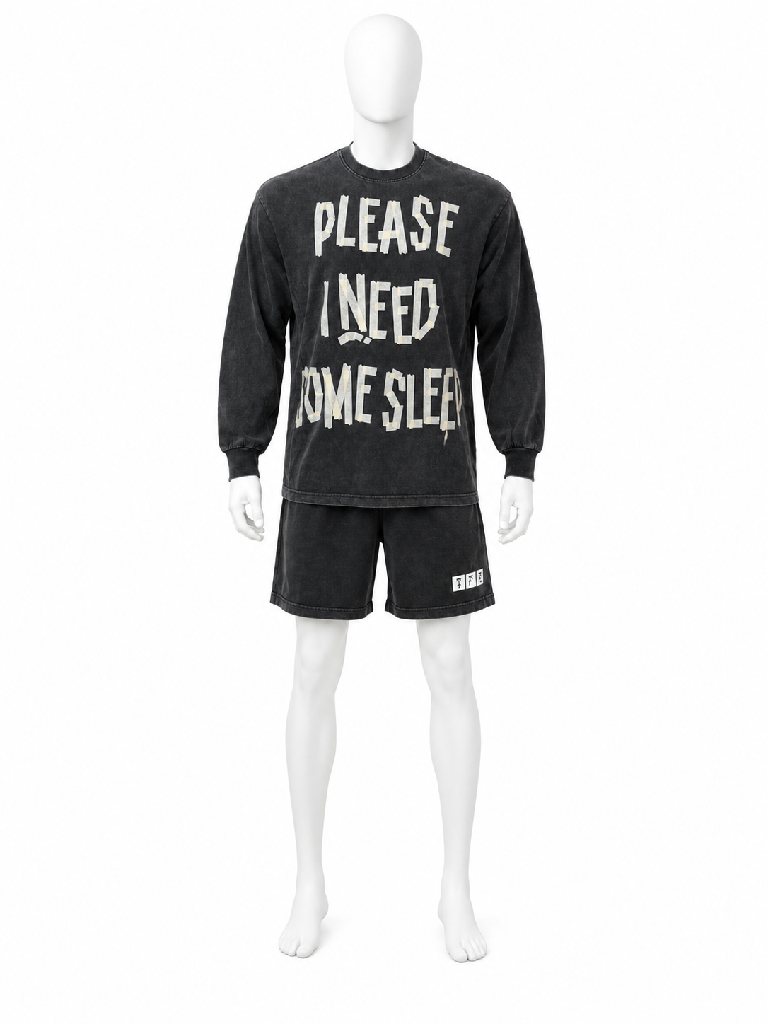 Washed Black Graphic Long-Sleeve Shorts Set
