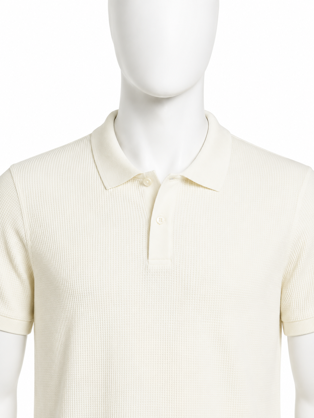 Cream Waffle-Knit Short-Sleeve Polo Shirt