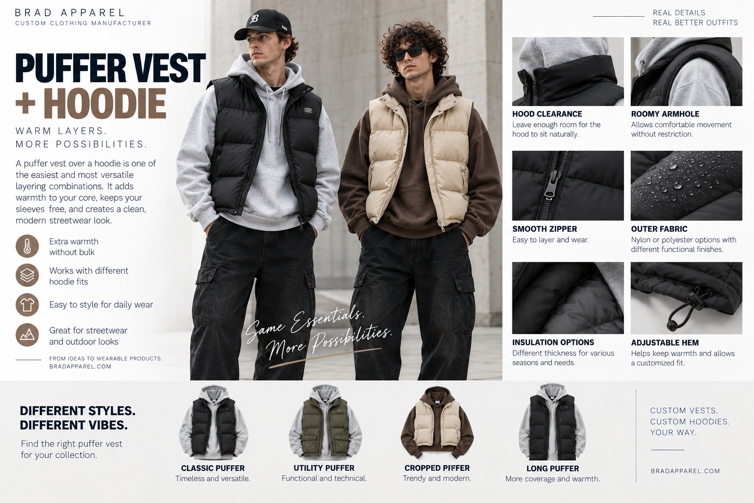 Puffer vest layered over hoodie showing fit and volume balance