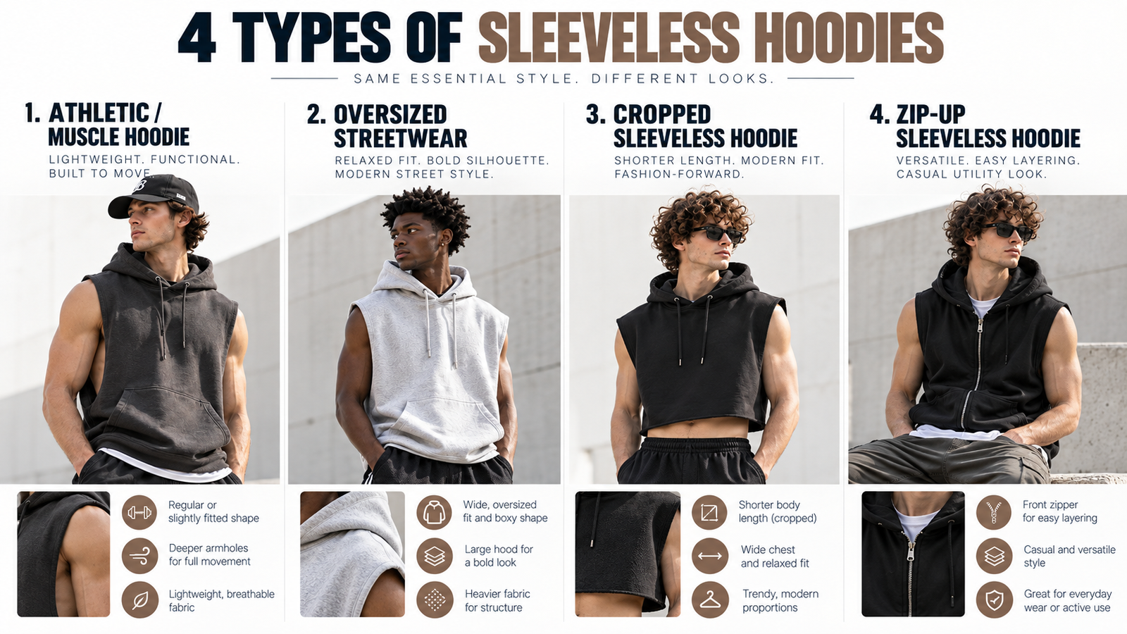 Four main types of sleeveless hoodies