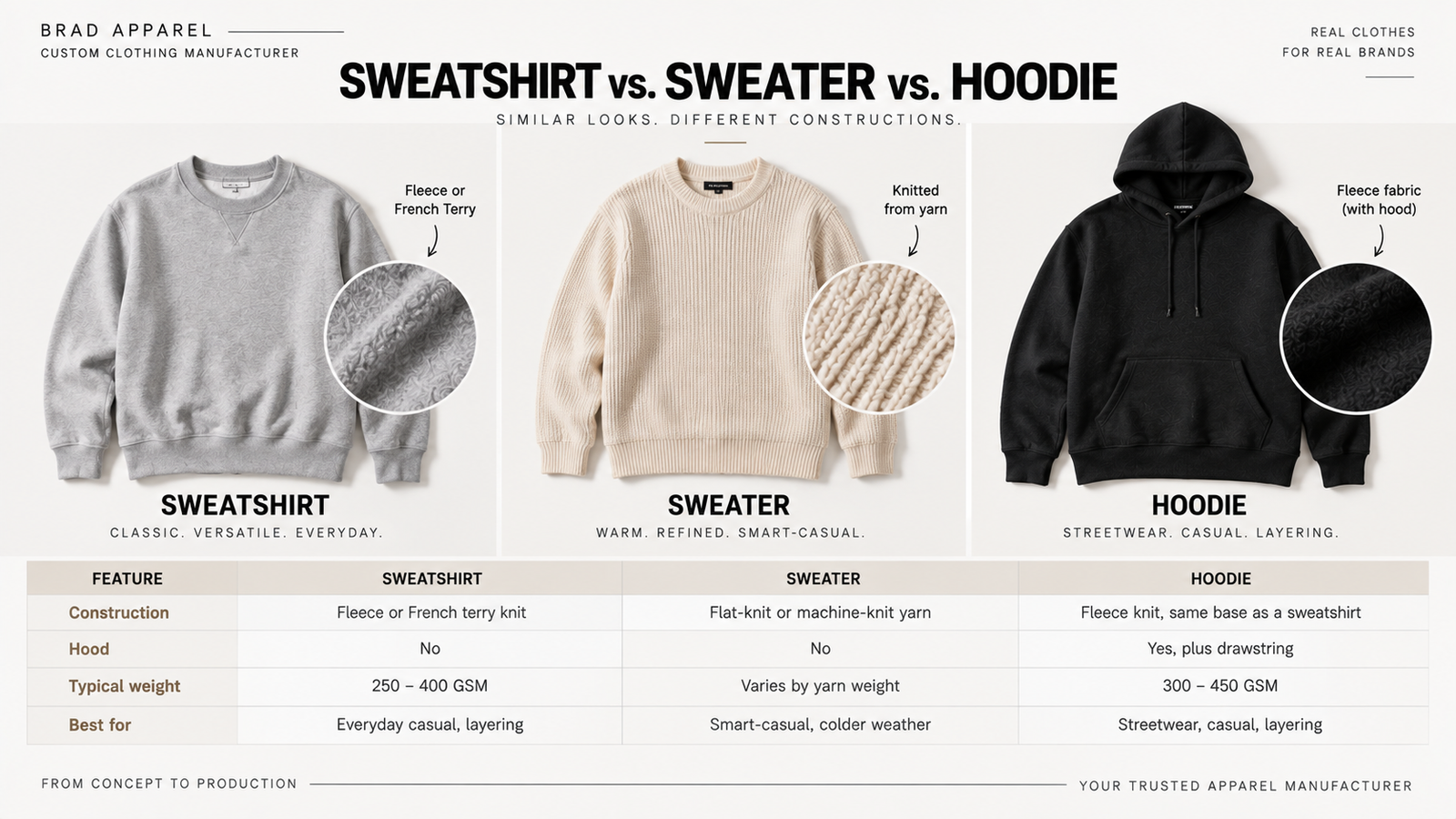 Custom sweatshirts made from fleece and French terry in different weights