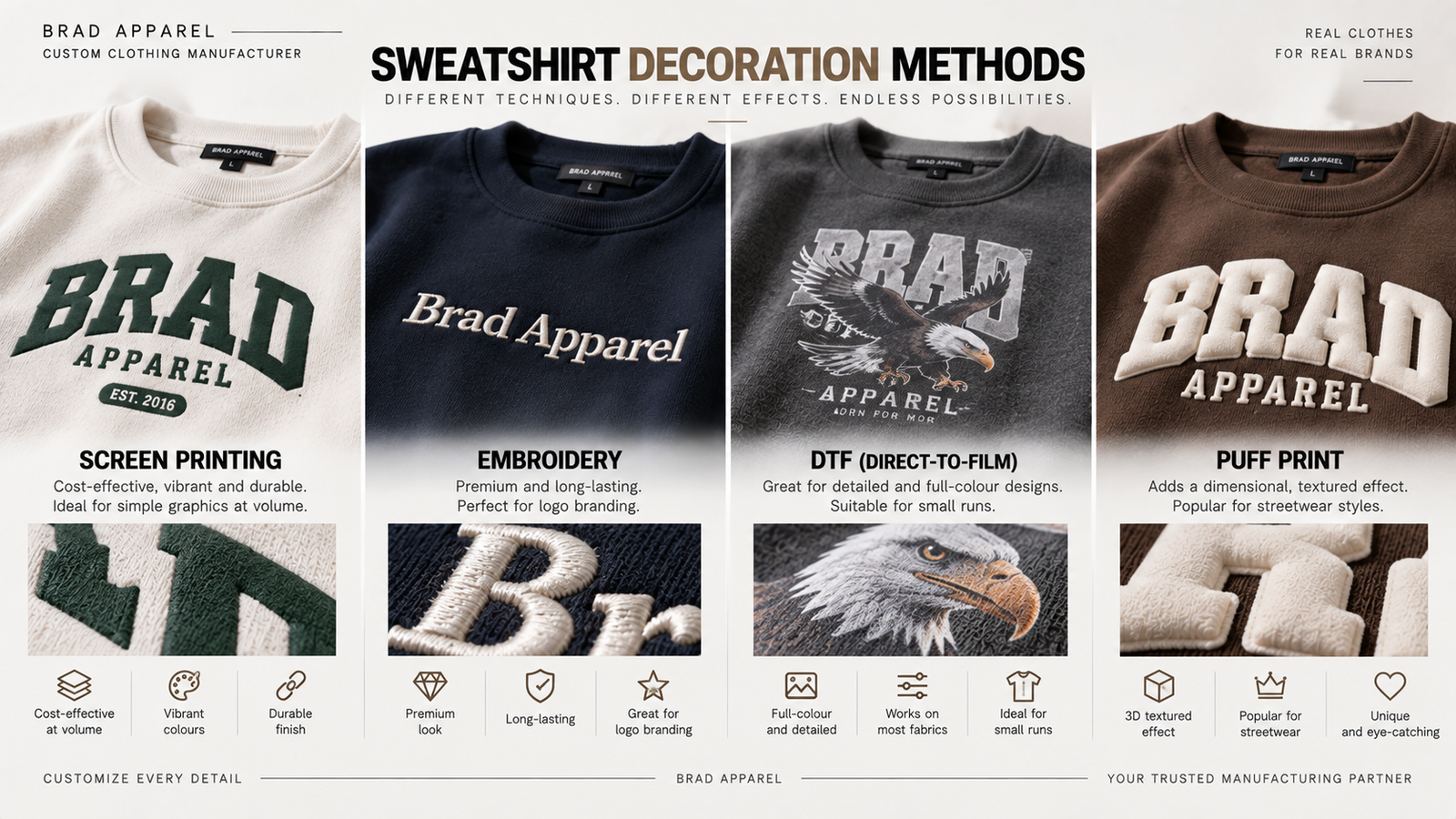Screen printing embroidery DTF and puff print on custom sweatshirts