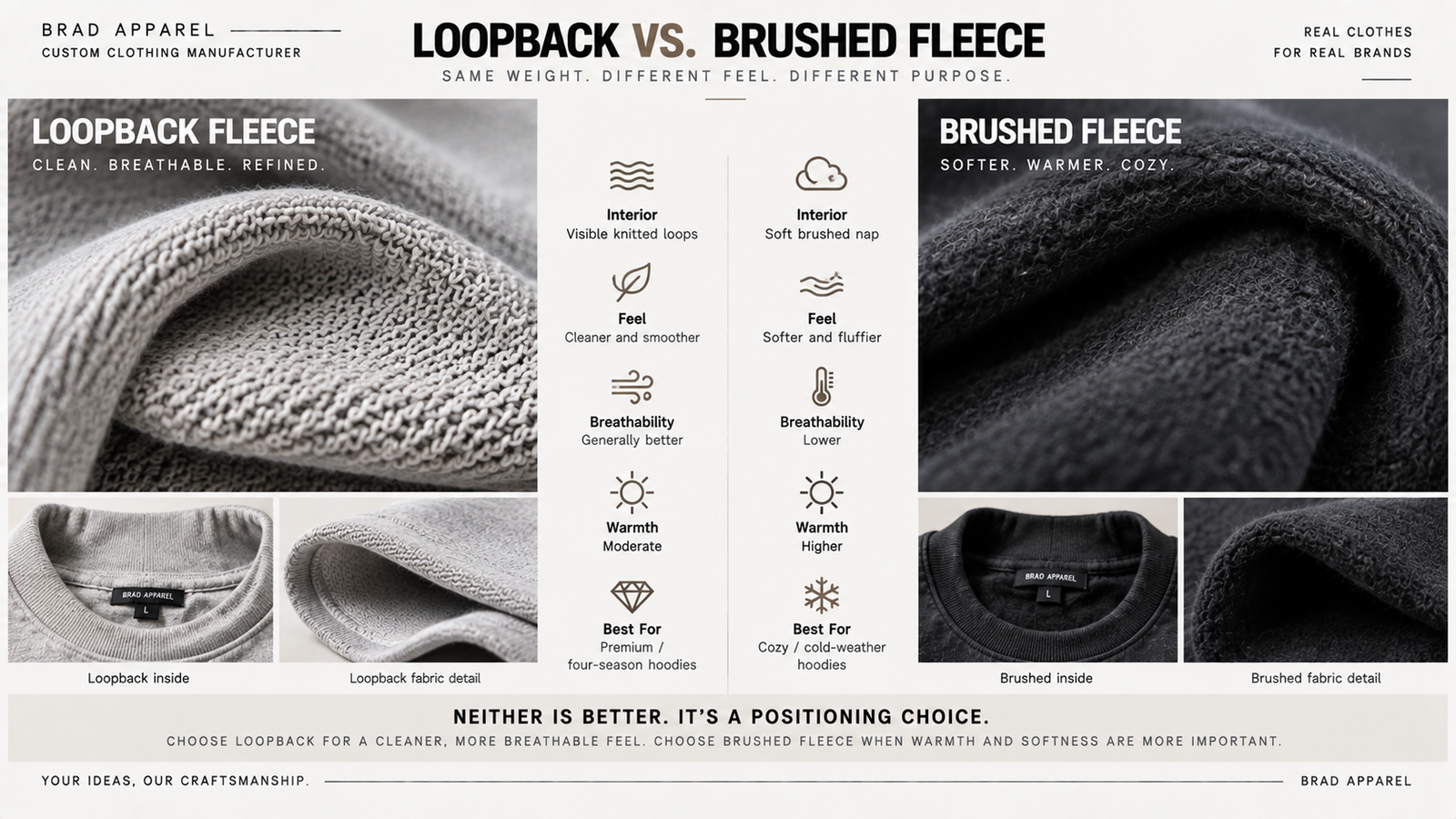 Loopback fleece vs brushed fleece interior close-up comparison
