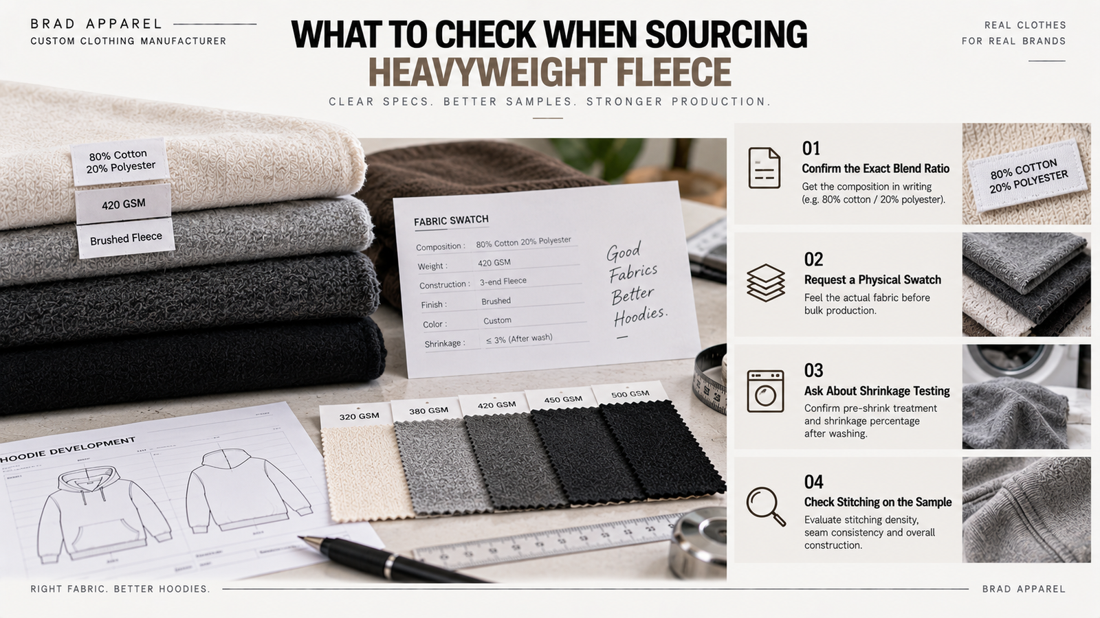 Heavyweight fleece fabric swatches with GSM and composition labels