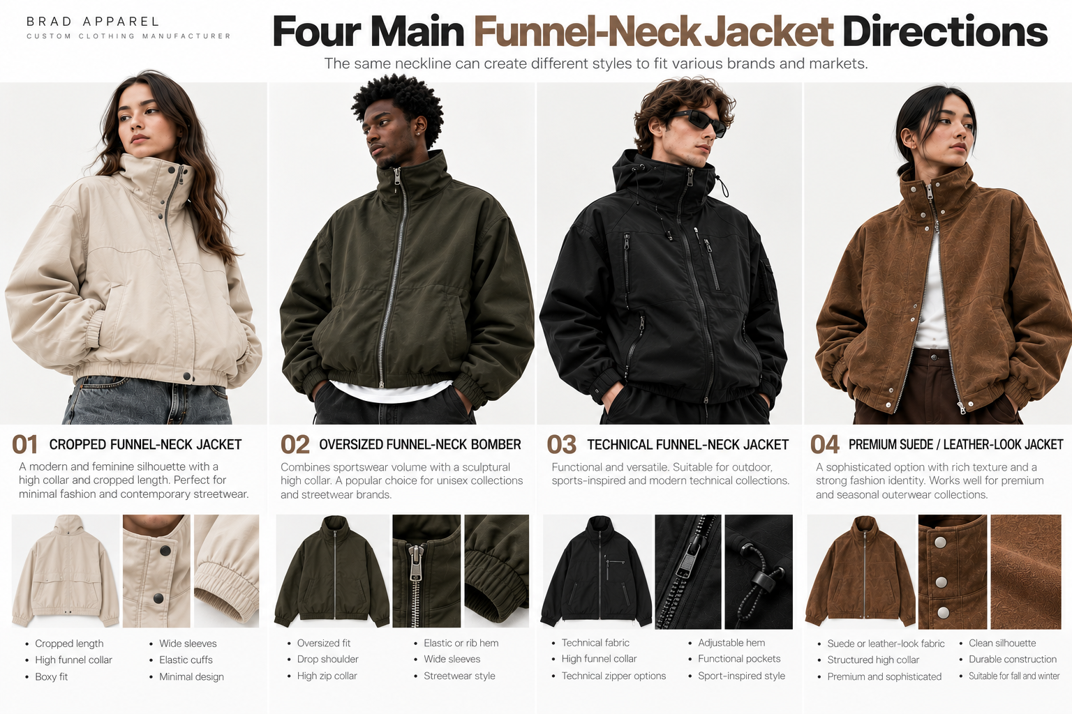 Four modern funnel neck jacket styles