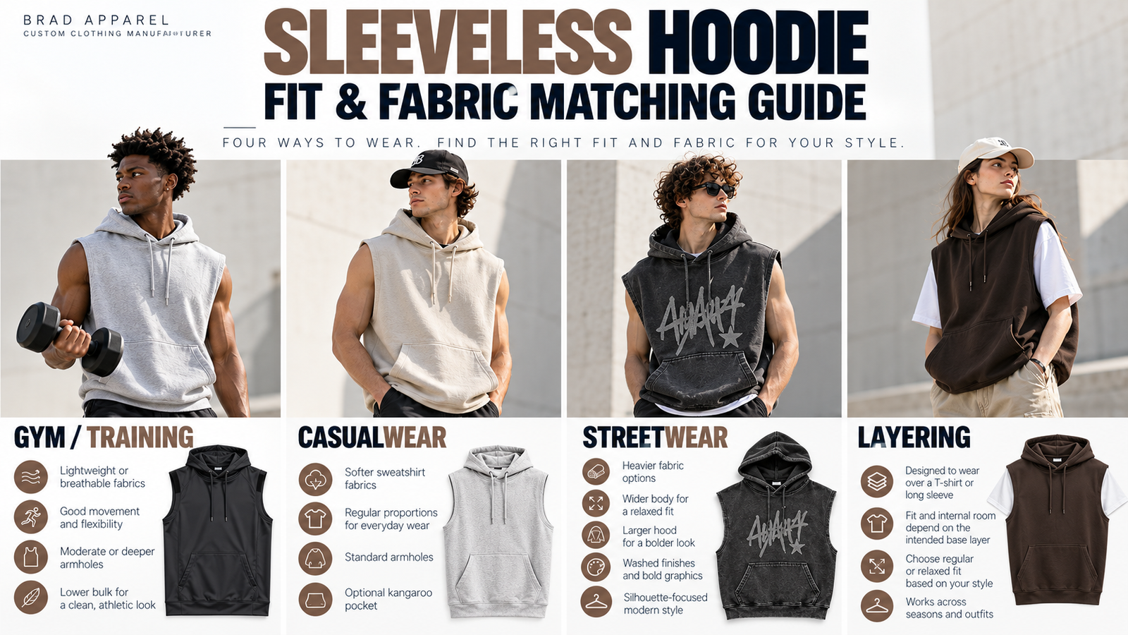 Sleeveless hoodie fit and fabric matching guide