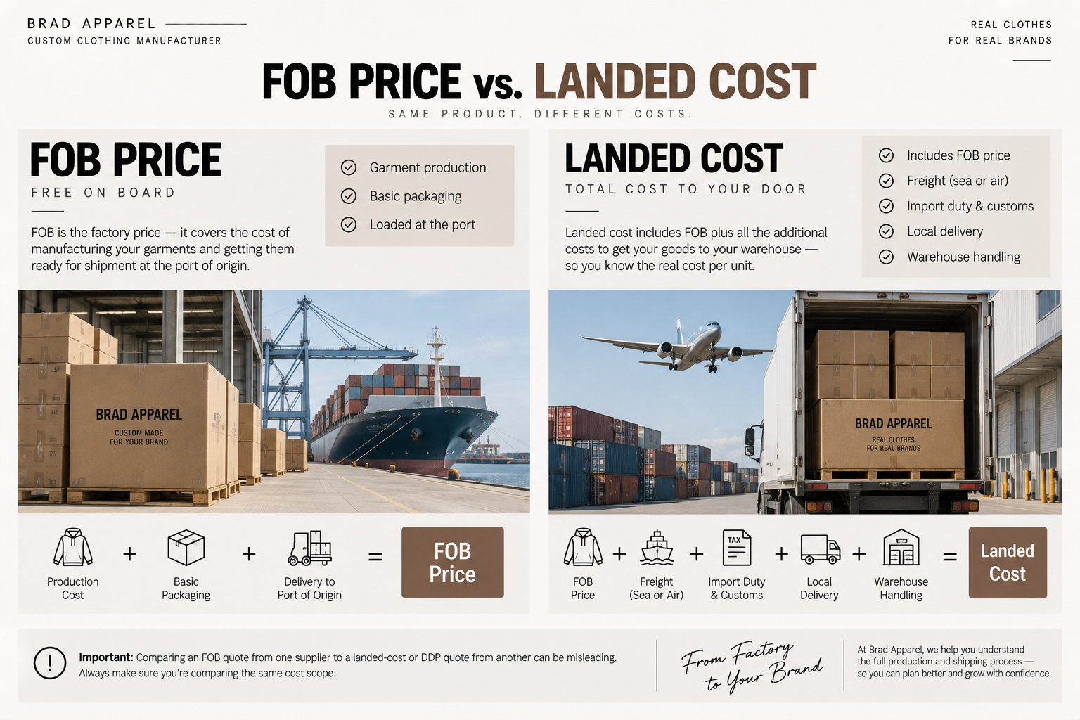 Apparel FOB cost breakdown showing fabric labor trims overhead and factory margin