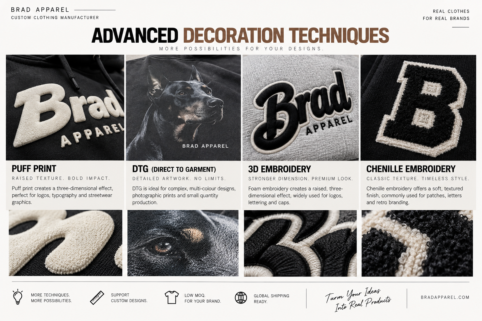 Puff print DTG chenille embroidery and premium streetwear decoration techniques