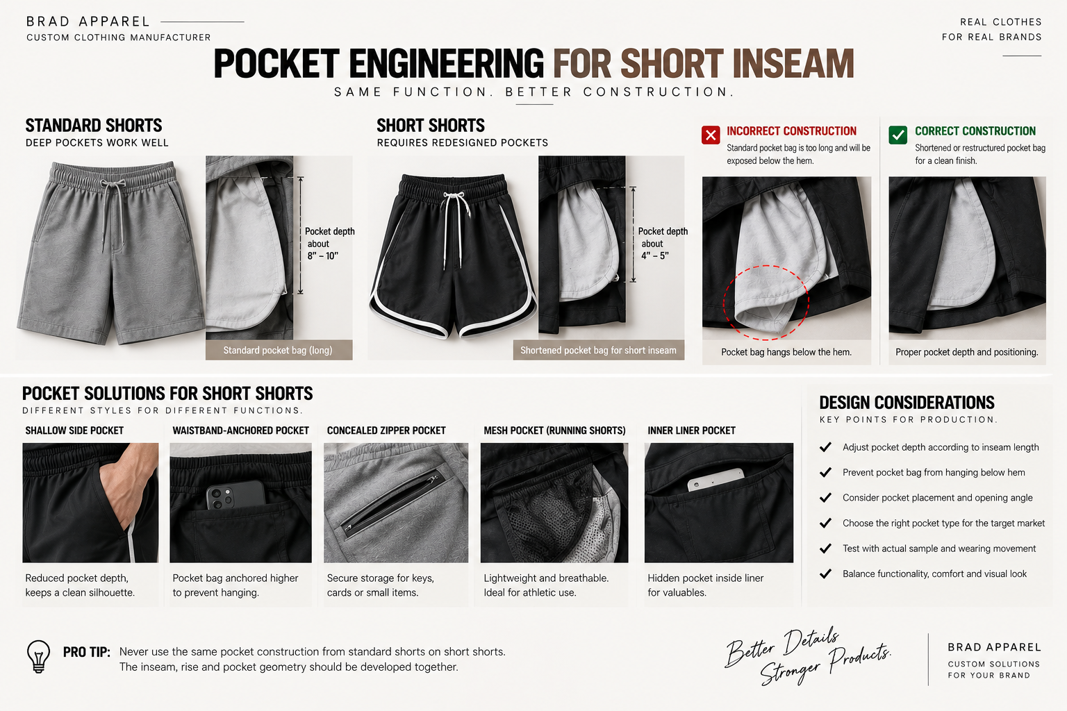 Pocket Engineering for Short Shorts Correct and incorrect pocket construction for short inseam shorts