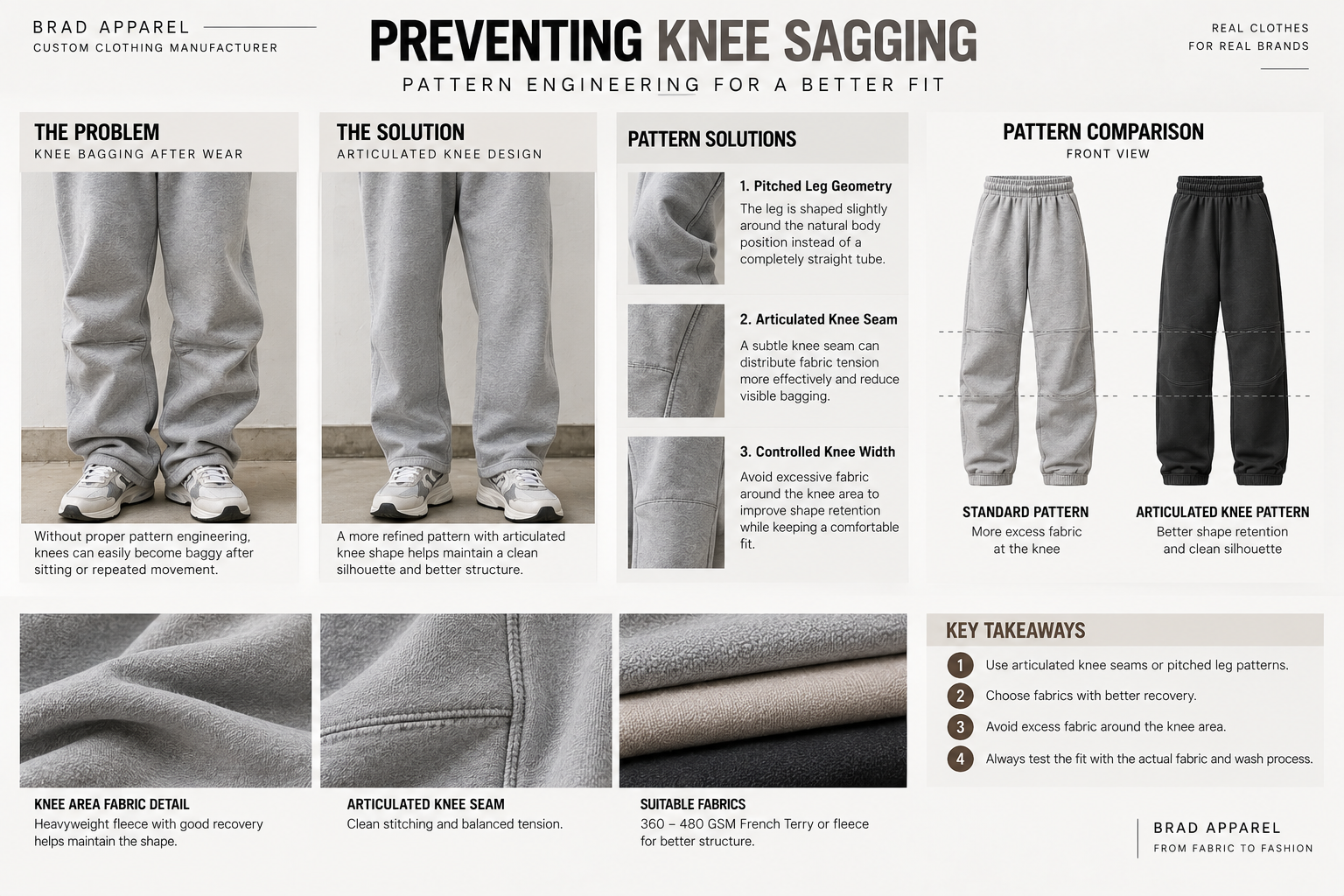 Sweatpants knee sagging versus articulated knee pattern engineering
