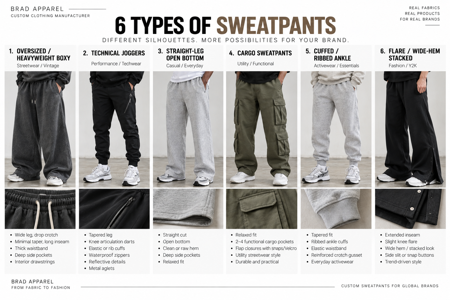 6 Types of Sweatpants Six types of sweatpants including oversized boxy, technical joggers, straight-leg, cargo, cuffed and flare styles