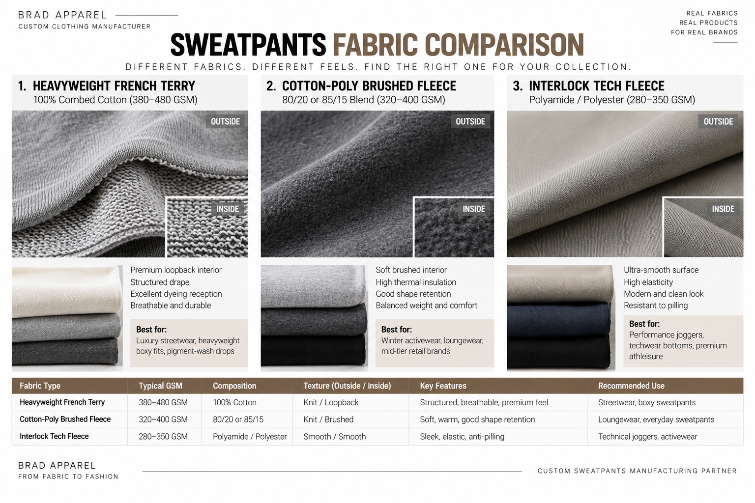 Sweatpants Fabric Comparison Heavy French terry brushed fleece and interlock tech fleece comparison for sweatpants