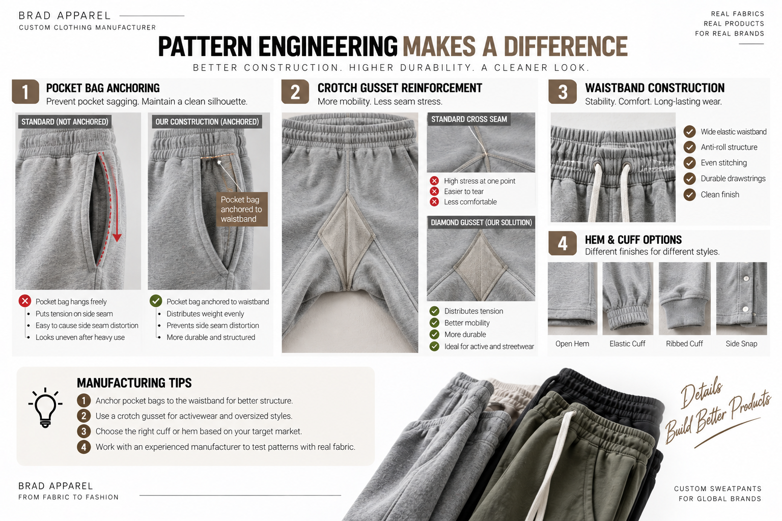 Sweatpants Pocket Bag Anchoring Floating pocket bag versus waistband anchored sweatpant pocket construction
