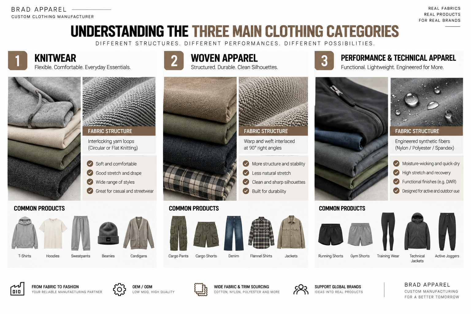 Three main clothing categories knitwear woven apparel and technical performance apparel