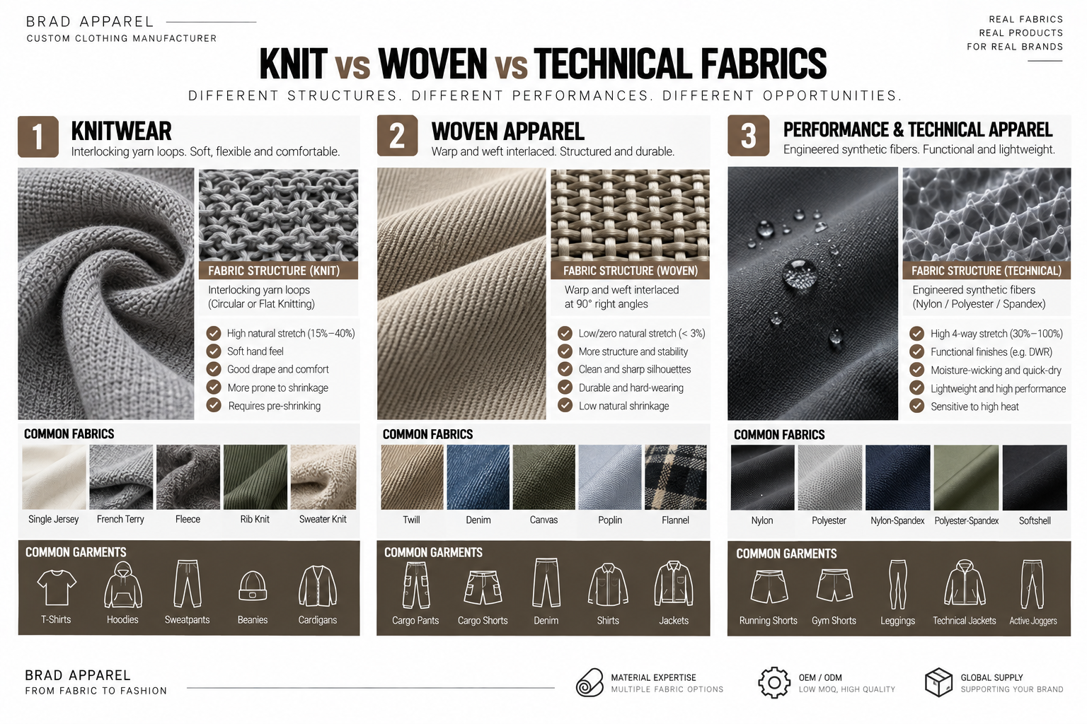 Knit woven and technical fabric structure stretch and manufacturing comparison