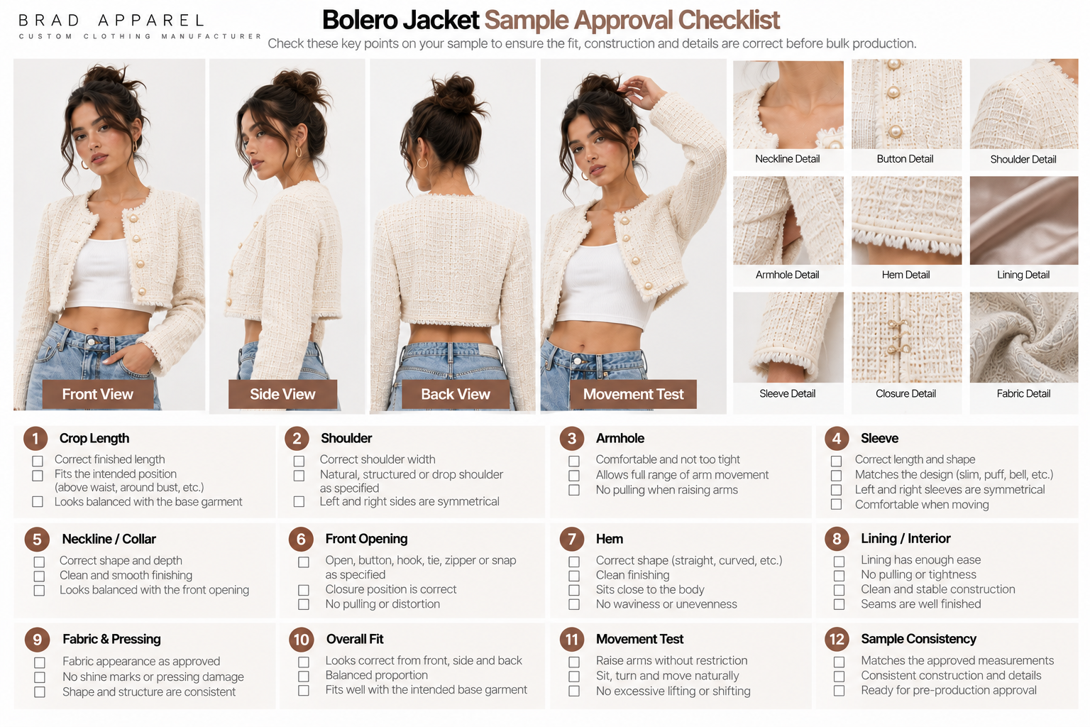 Bolero jacket sample approval checklist