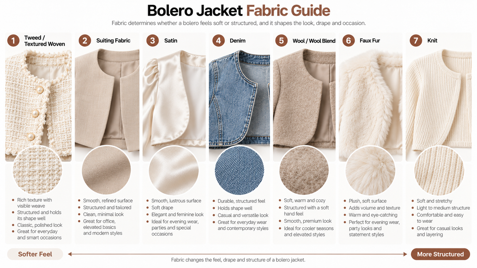 Bolero jacket fabric guide showing tweed, suiting, satin, denim and faux fur