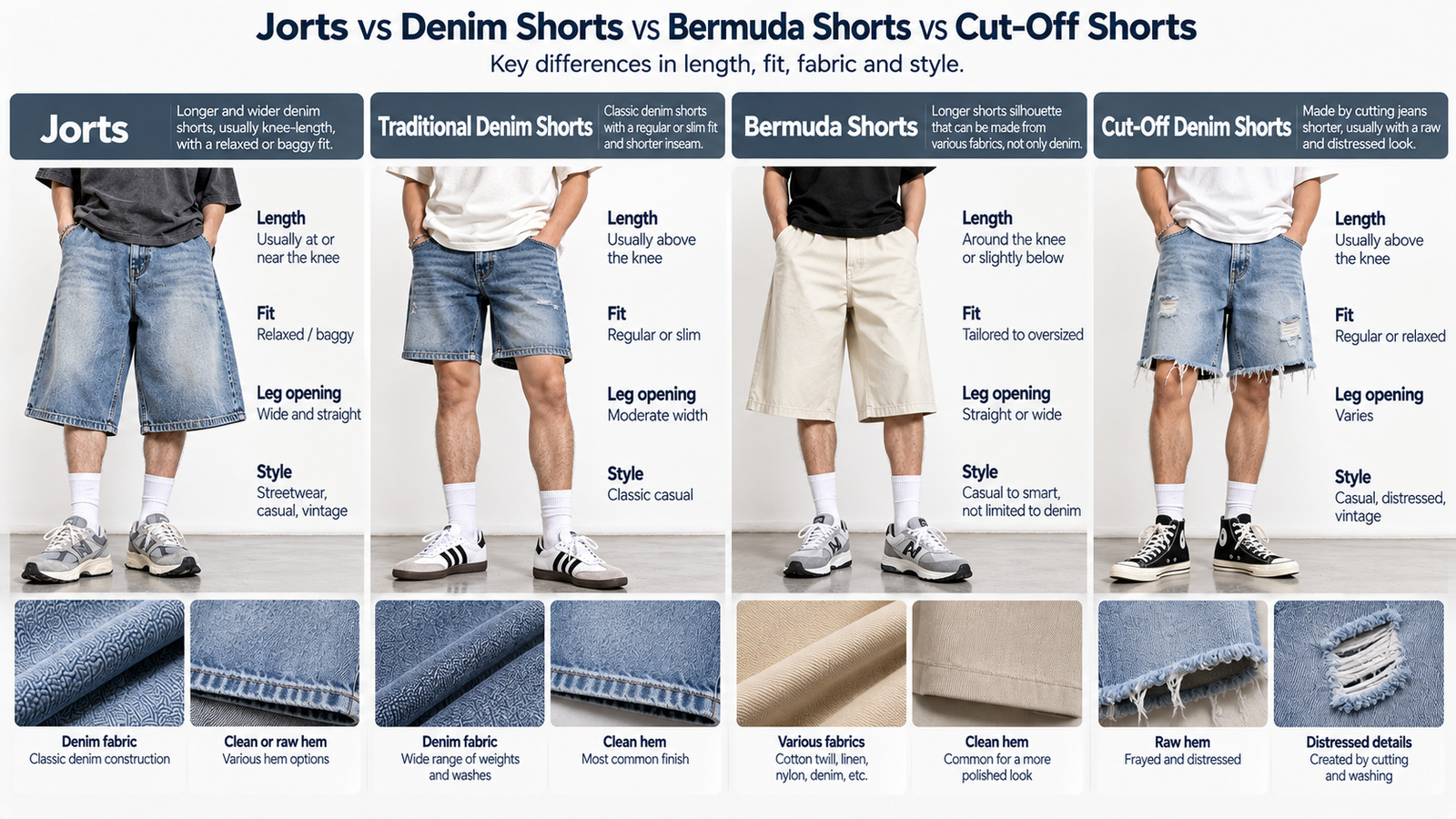 Jorts vs traditional denim shorts vs Bermuda shorts vs cut-off denim shorts comparison