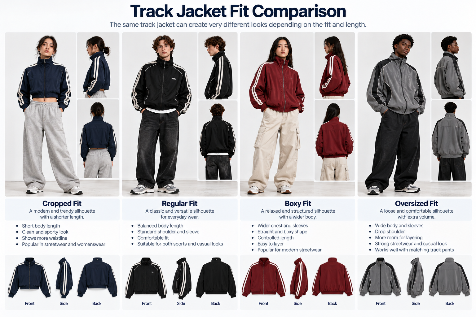 Slim regular boxy and oversized track jacket fit comparison