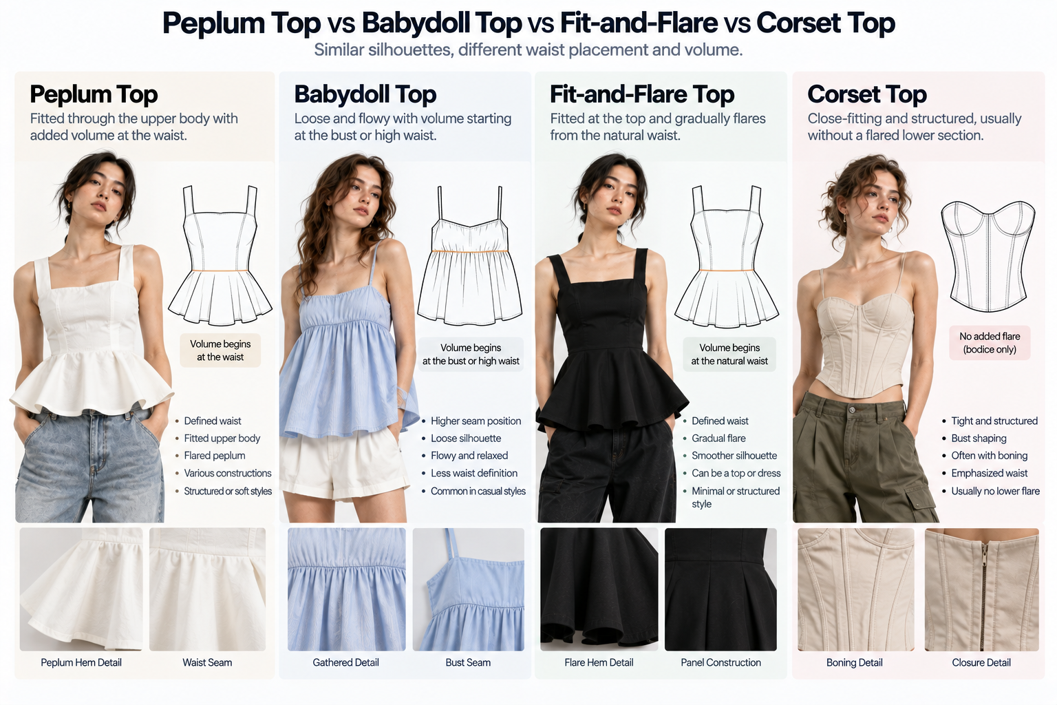 Peplum Top vs Babydoll vs Fit-and-Flare Peplum top vs babydoll top vs fit-and-flare vs corset top comparison