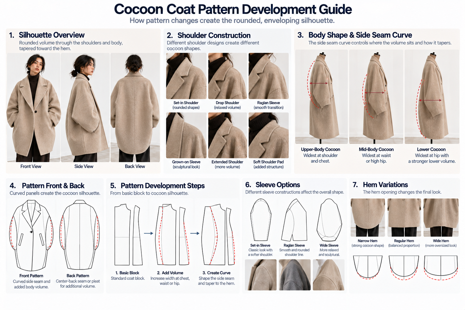 Cocoon Coat Pattern Development Guide Cocoon coat pattern development showing shoulder shape body curve back panels and tapered hem