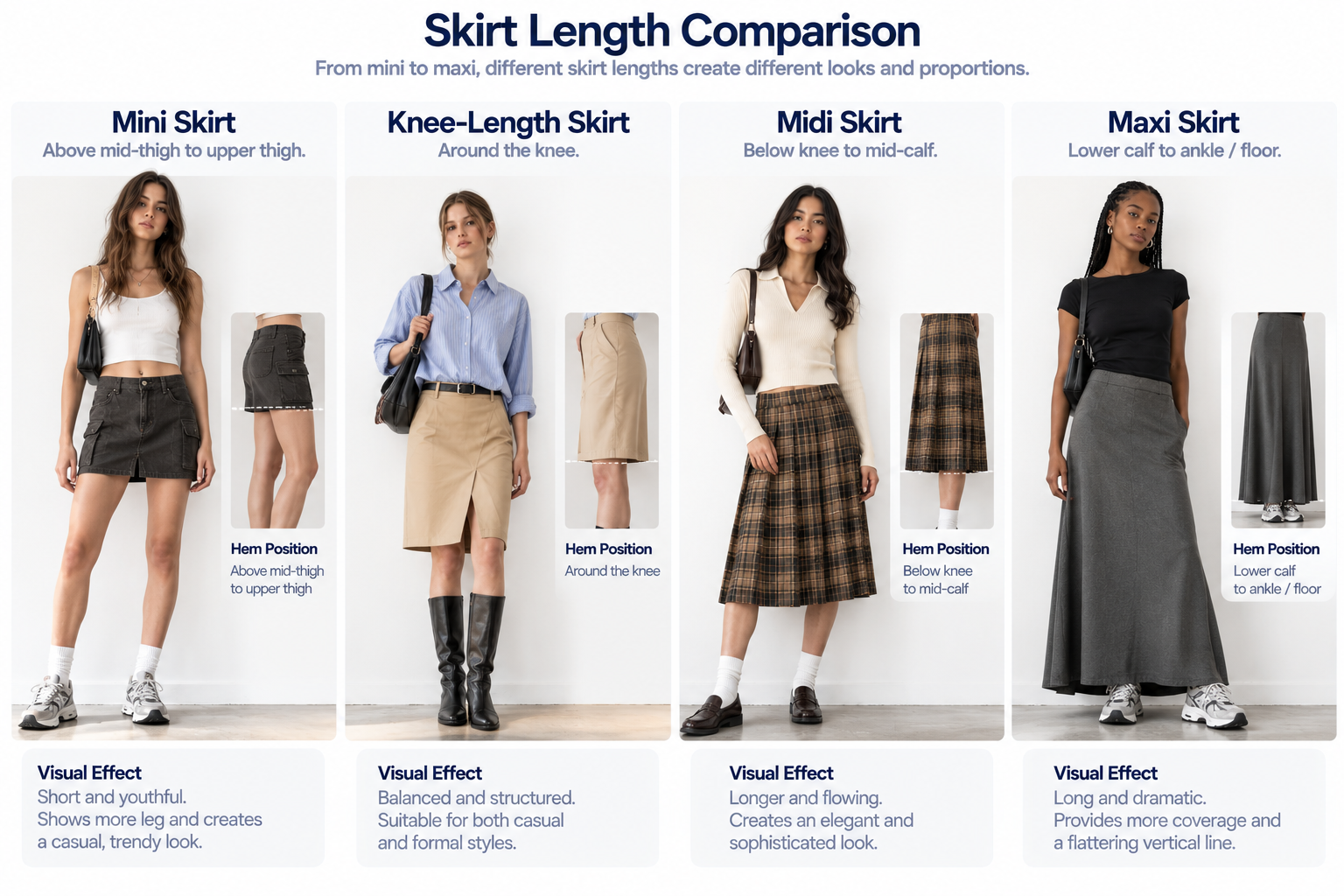 Mini skirt vs knee-length skirt vs midi skirt vs maxi skirt comparison