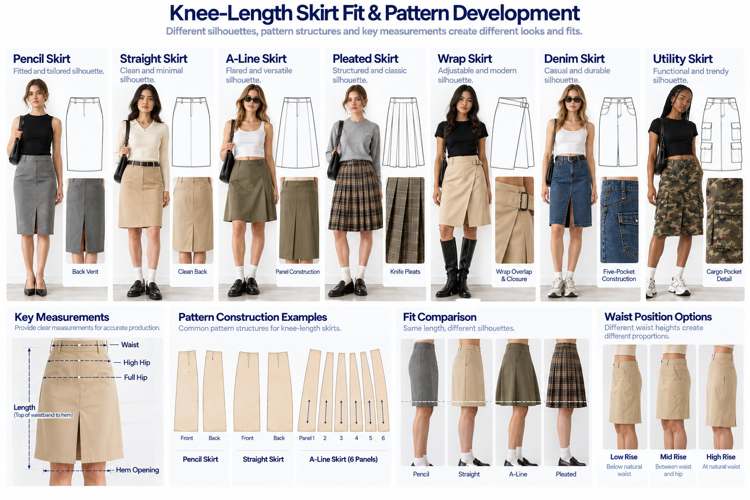Knee-length skirt pattern development showing pencil straight A-line pleated wrap and panel construction