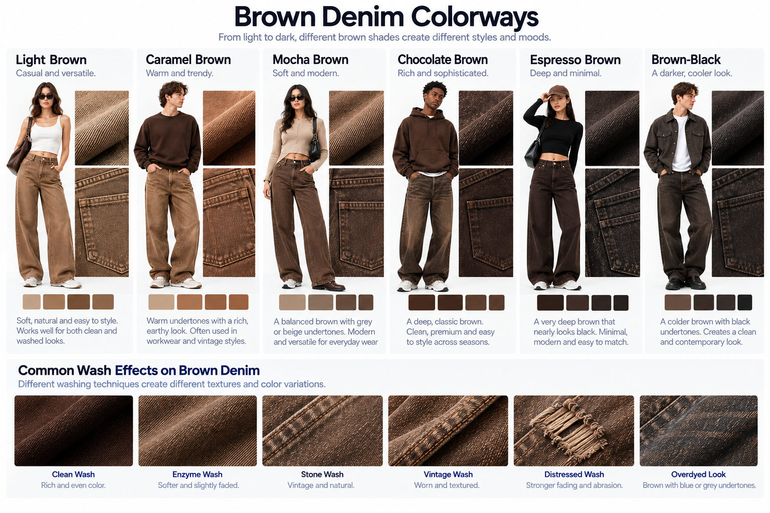 Chocolate brown espresso mocha caramel tobacco and brown-black denim color comparison