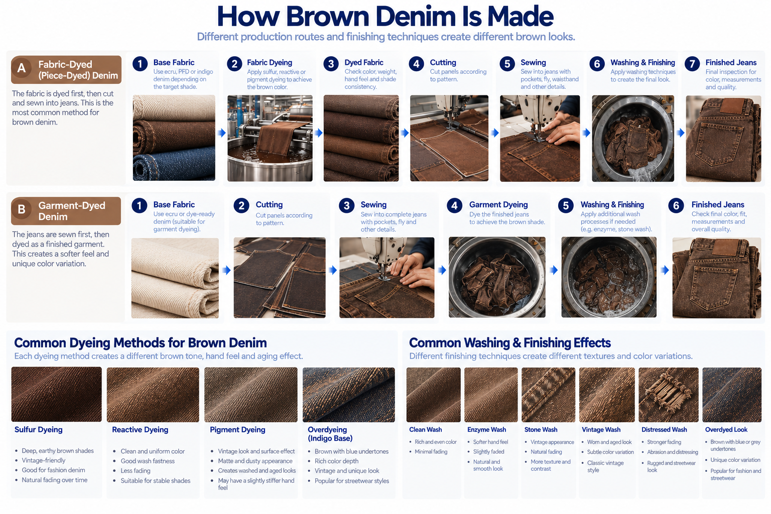 Brown denim production guide showing base denim sulfur dye reactive dye pigment garment dye and overdye methods