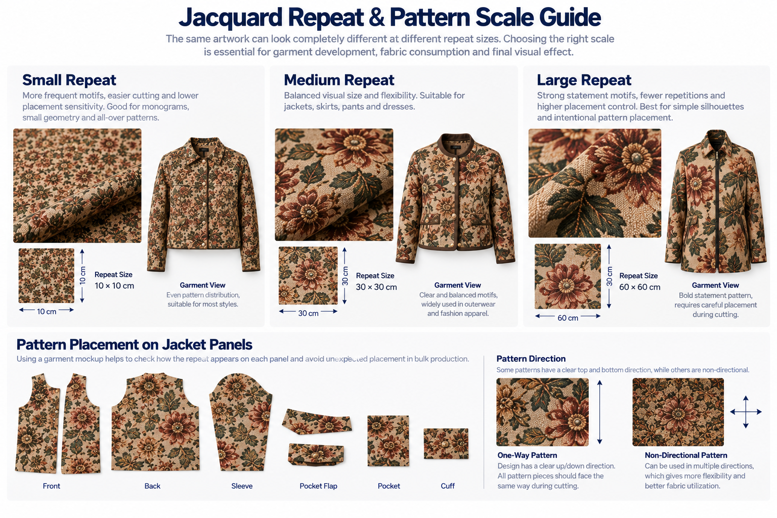 Custom jacquard repeat scale showing small medium and large motifs across garment pattern pieces