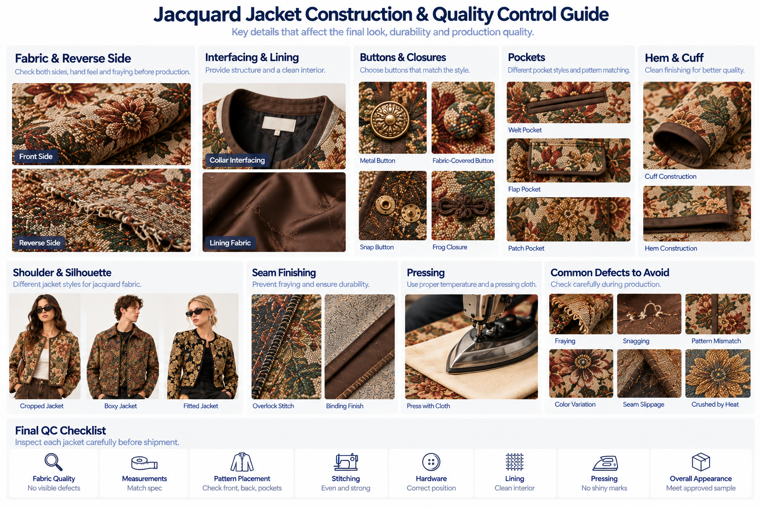Jacquard jacket development guide showing pattern repeat motif placement cutting matching and internal construction