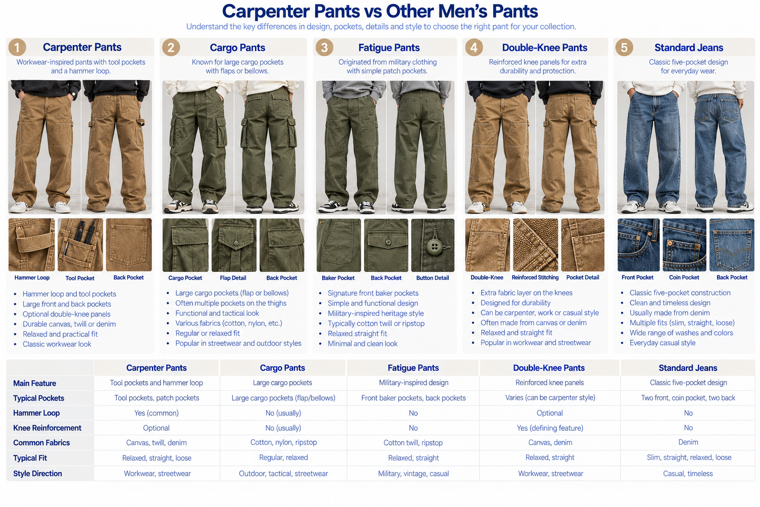 Carpenter Pants vs Cargo, Fatigue, Double-Knee Pants and Jeans Men's carpenter pants compared with cargo pants fatigue pants double-knee pants and standard jeans