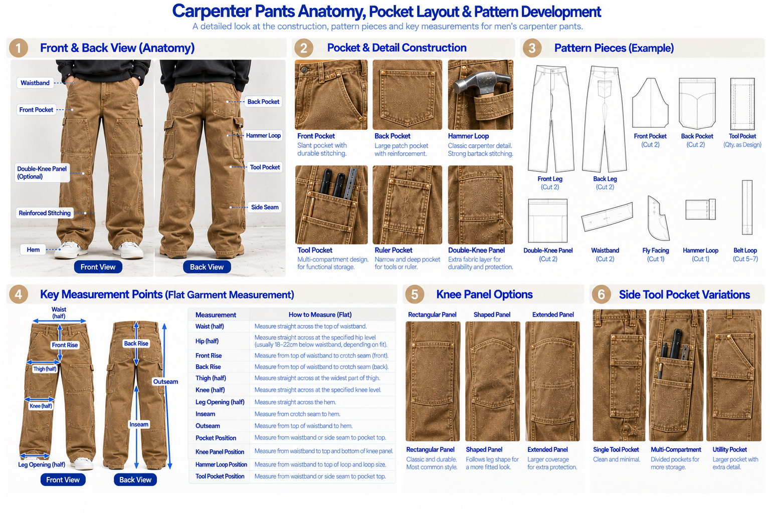 Carpenter Pants Anatomy, Pocket Layout and Pattern Development Guide Carpenter pants anatomy and pattern development showing hammer loop tool pockets double-knee panels waistband fit measurements and reinforcement