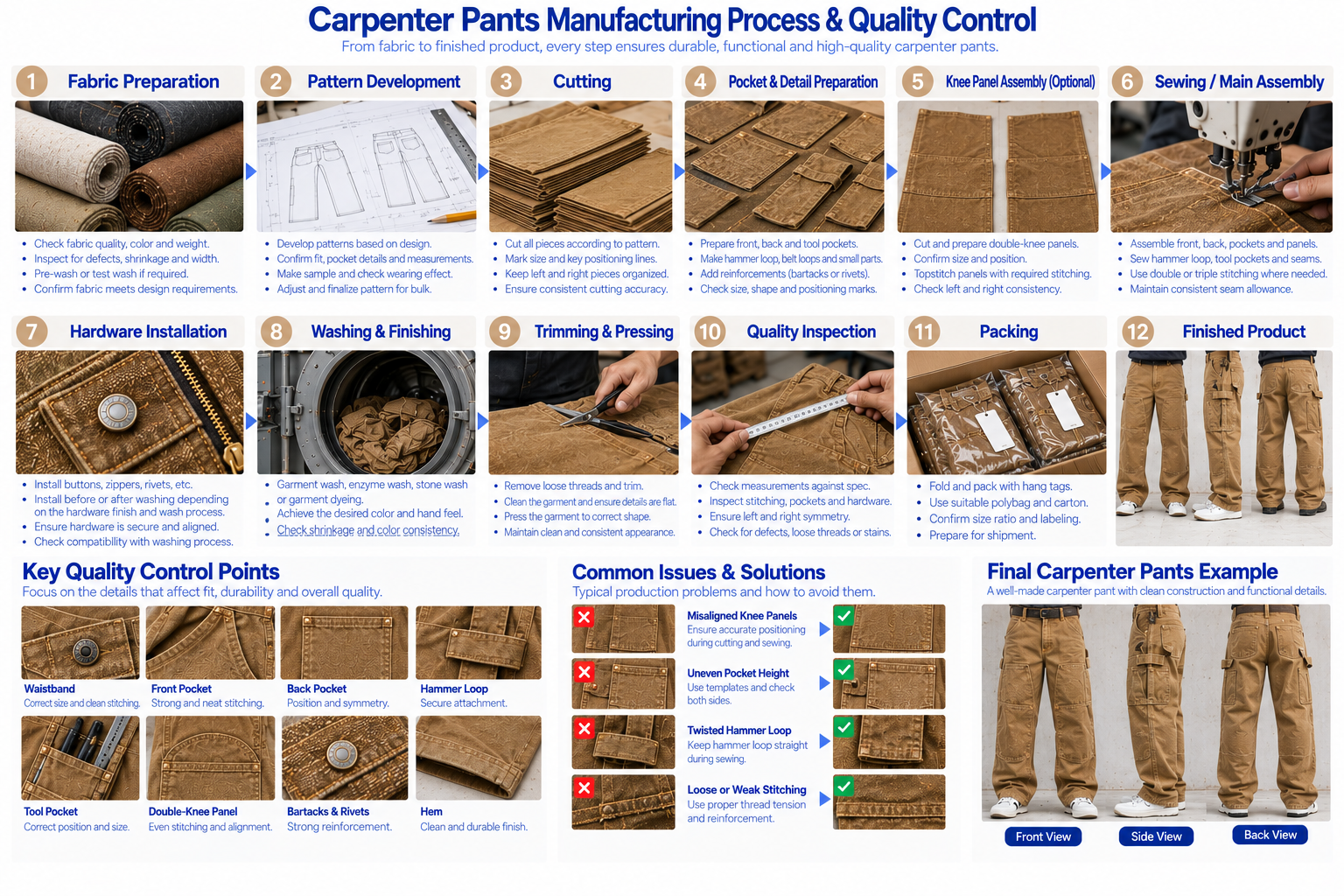 Carpenter Pants Manufacturing and Quality Control Guide Men's carpenter pants manufacturing process and quality control showing cutting pockets hammer loops double knees stitching washing measurements and inspection