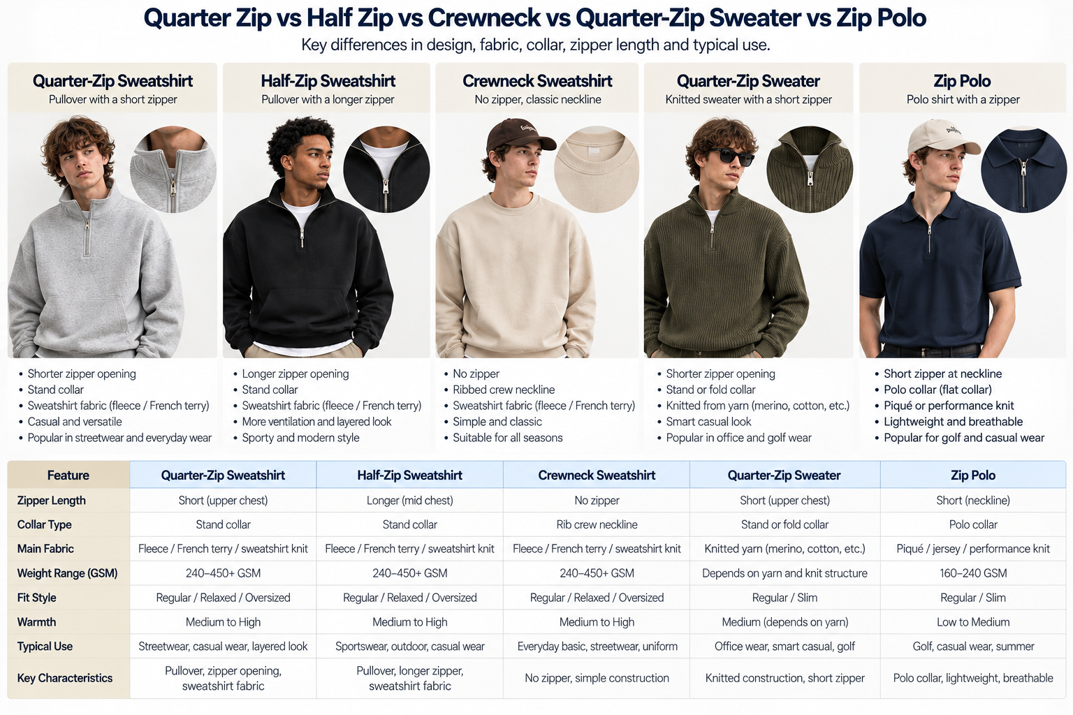 Quarter Zip vs Half Zip, Crewneck Sweatshirt, Quarter-Zip Sweater and Zip Polo Men's quarter zip sweatshirt compared with half zip crewneck sweatshirt quarter zip sweater and zip polo